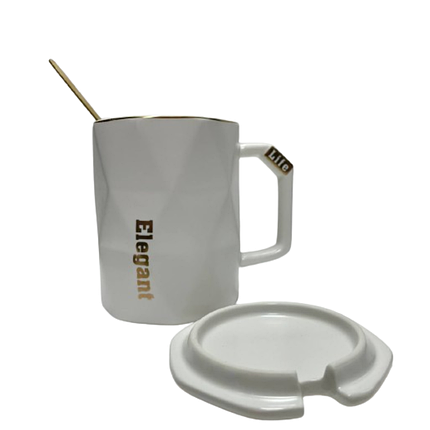 Чашка керамічна біла с кришкою та ложечкою на подарунок, фото 2