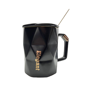 Чашка керамічна чорна с кришкою та ложечкою на подарунок