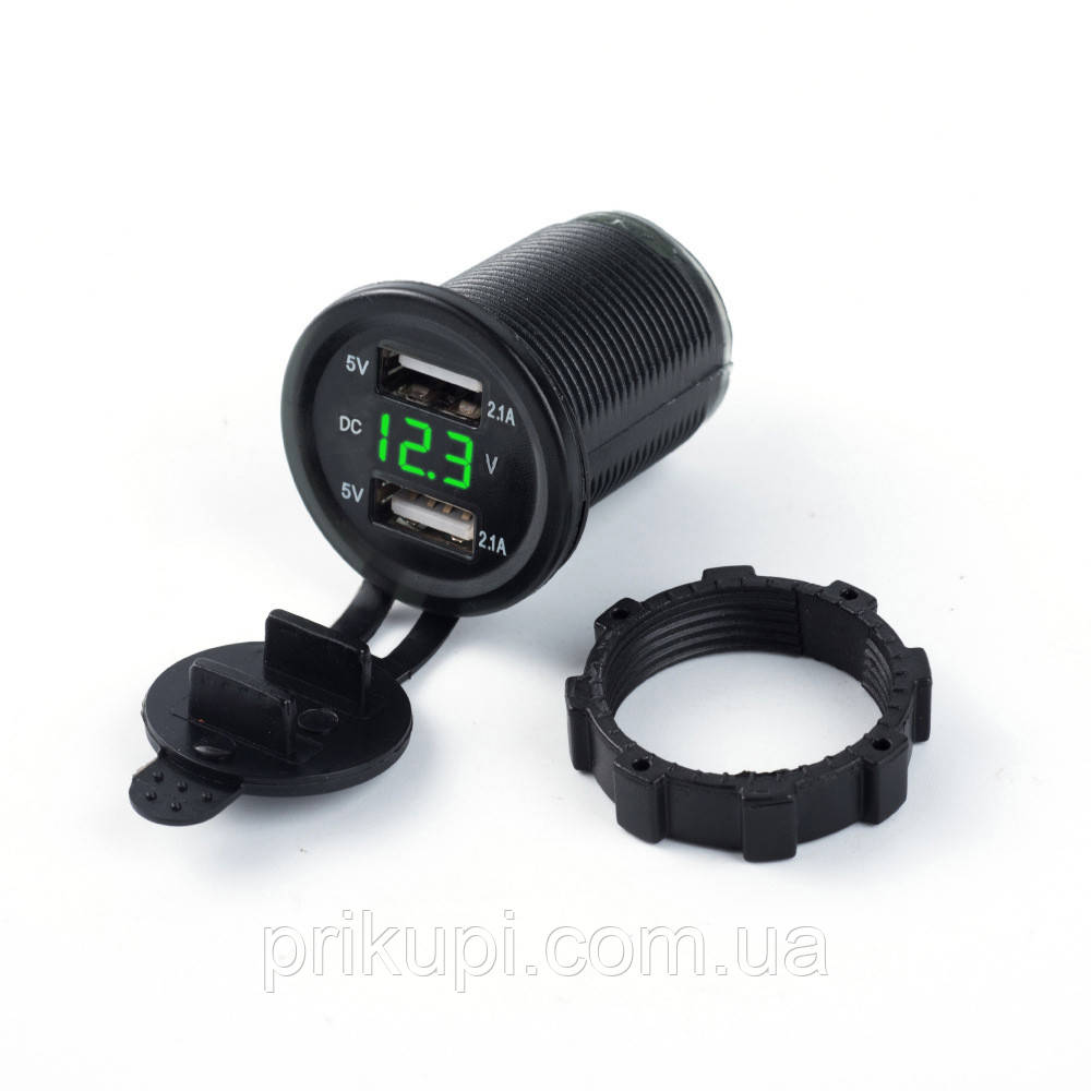 Автомобільний зарядний пристрій 2 USB по 2.1 А 12-24V врізне в панель + вольтметр Green