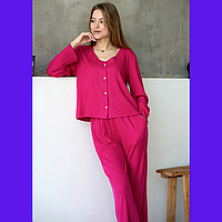 Розовая женская удобная пижама в рубчик. Штаны и кофта длинный рукав ангора Удобная мягкая и стильная пижама
