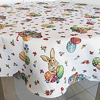 Скатертина з писанками та кроликами пасхальна на овальний стіл, Скатертина гобеленова Великодня святкова для овального столу