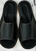 Тапочки мужские комнатные кожаные открытый носок , черные, 40-46 размеры.