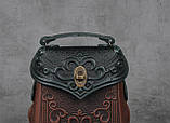 Шкіряний зелено-коричневий рюкзак ручної роботи, сумка-рюкзак з авторським тисненням, стиль бохо, фото 3