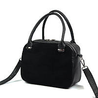 Женская сумка из натуральной кожи и замши, Маленькая черная стильная кожаная замшевая мини сумочка с ручками