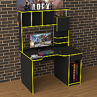 Игровой компьютерный стол с надстройкой и полкой для системного блока RS-12 черный с желтым Тиса Мебель