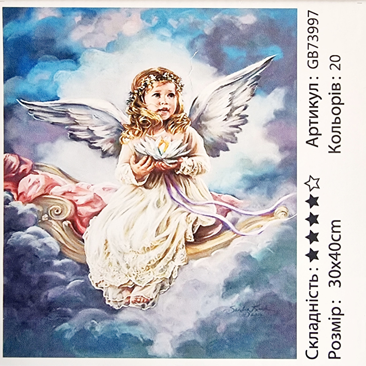 Алмазна мозаїка Янгол у хмарах 30x40 см на підрамнику, фото 1