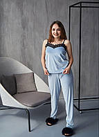 Женская велюровая пижама майка штаны с кружевом 904 голубая