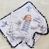 Полный комплект для крещения мальчика Хвоя серебристо-синяя, велюр