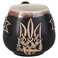 Чашка 0,4л чайная бочковидная керамическая глиняная Трезубец герб Украина черная матовая