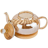 УЦІНКА!!! Прозрачный стеклянный заварочный чайник "Пуер", 1000 мл, заварник для чая с деревянной крышкой