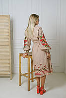 Платье вышиванка калина, Бежевое женское платье миди с вышивкой, Платья украинская вышиванка бежевые, 2XL