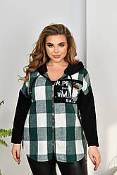 Жіноча рубашка-батник в клітинку з комбінованої тканини розміри 52, 54, 56, 58 (№1282)