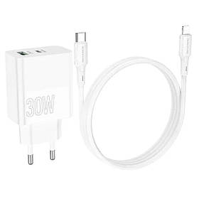 Мережевий зарядний пристрій Borofone BA75A Powerful 30 W 3.4 A PD+QC3.0 + USB-C- Lightning Cable White