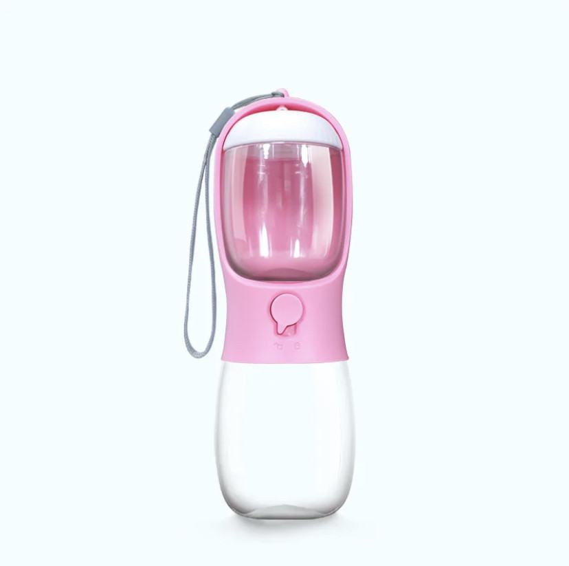 Портативна пляшка - поїлка з контейнером для корму і кнопкою Dog Water Bottle 300 мл + 100 г для собак і котів - рожева
