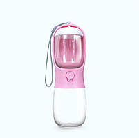 Портативна пляшка - поїлка з контейнером для корму і кнопкою Dog Water Bottle 300 мл + 100 г для собак і котів - рожева