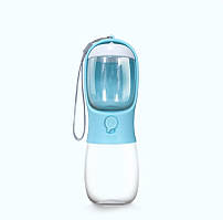 Портативна пляшка - поїлка з контейнером для корму і кнопкою Dog Water Bottle 300 мл + 100 г для собак і котів - блакитна