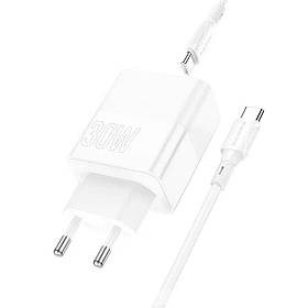 Мережевий зарядний пристрій Borofone BA75A Powerful 30 W 3.4 A PD+QC3.0 + USB-C- Lightning Cable White