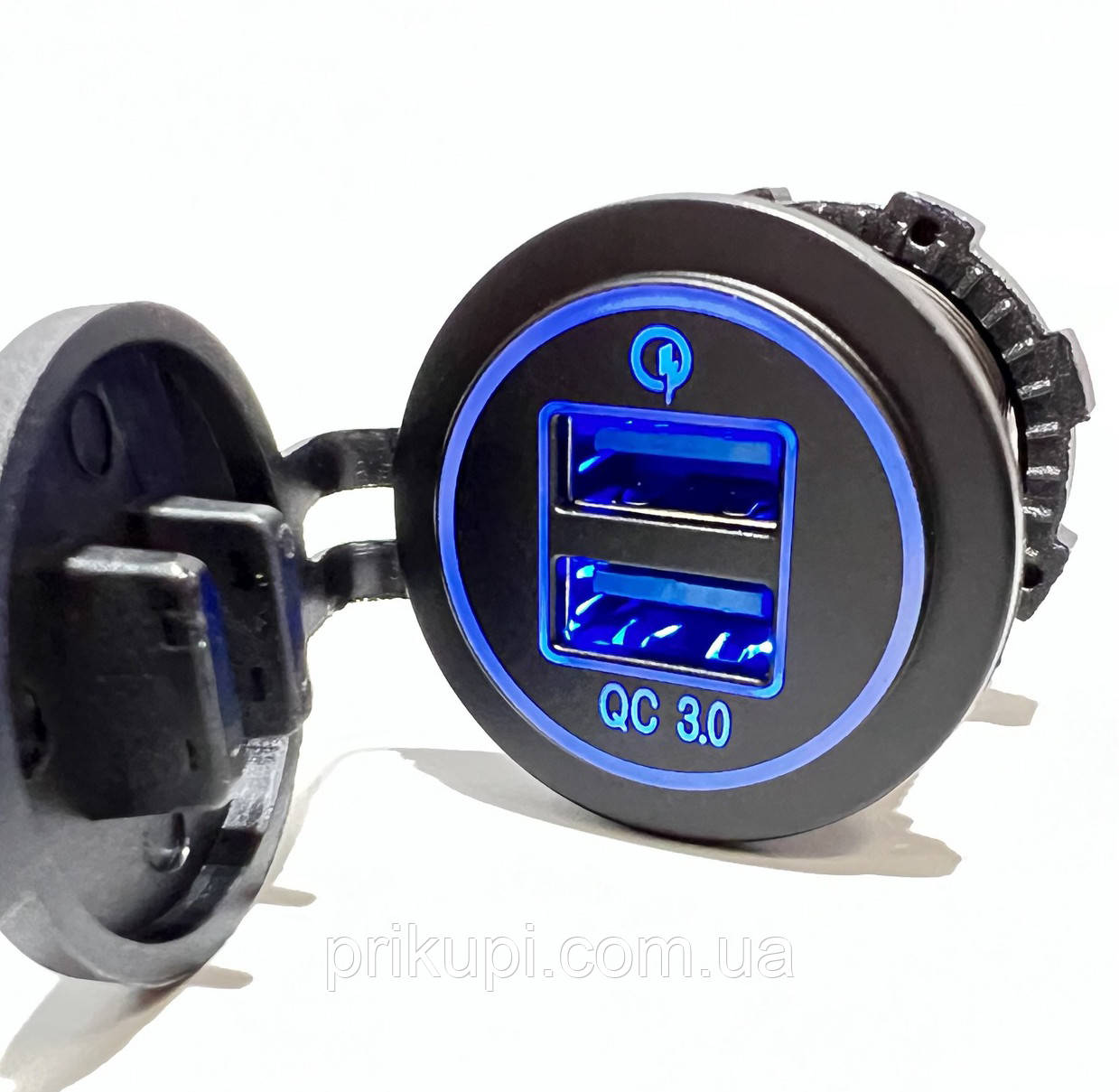 Автомобільна USB-розетка на 2 ЮСБ врізна 12 V — 24V Quick Charge 3.0 (швидке заряджання) 36 Вт, Синя