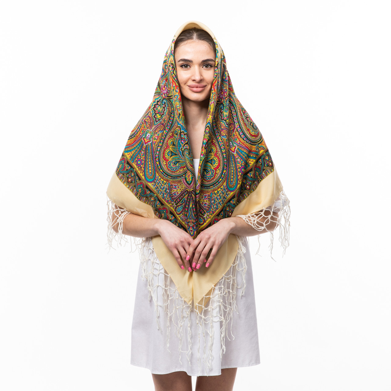 Українська хустка з тороками 120х120см Кремова, фото 1