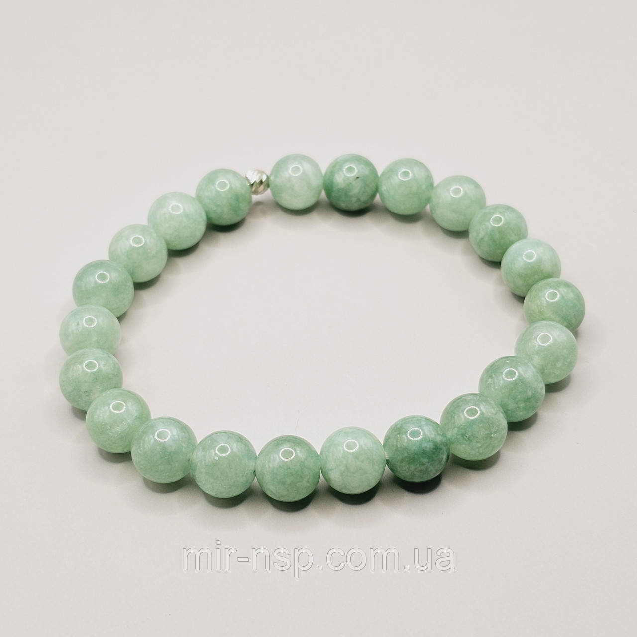 Браслет 100% натуральний нефрит 8 мм вага 18,3г вставка срібло 925, фото 1