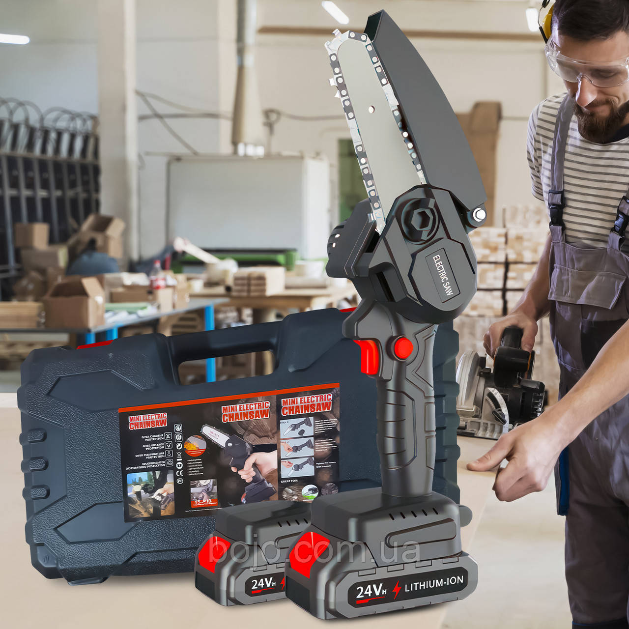 Ланцюгова акумуляторна міні електропила з кейсом Supretto 24V 2 акумулятора в комплекті (AMN)