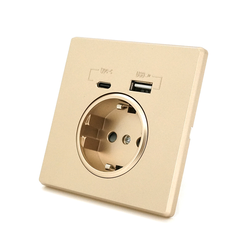 Розетка врізна із заземленням, Input: AC:110-250V/16A, Type-C/USB-виходи, Gold, фото 1