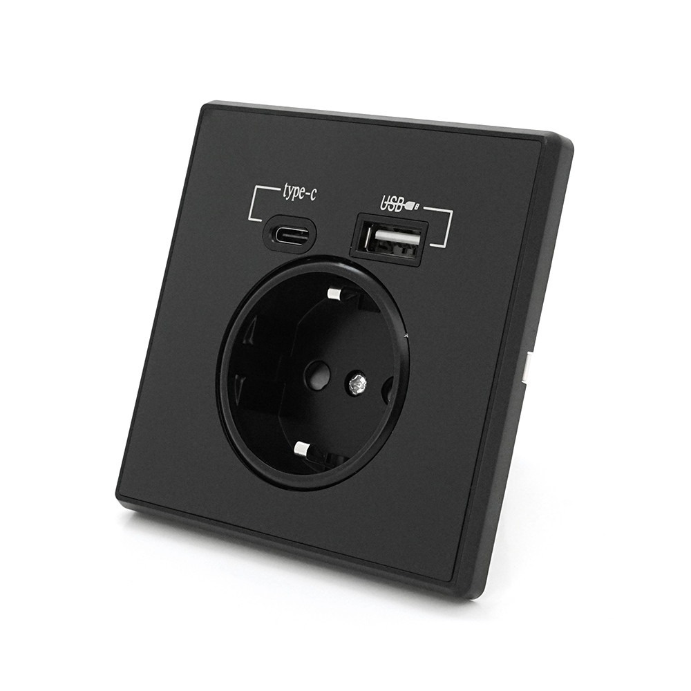 Розетка врізна із заземленням, Input: AC:110-250V/16A, Type-C/USB-виходи, Black, фото 1