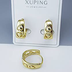 Сережки "Два Серця" без каміння, медичне золото Xuping 12К