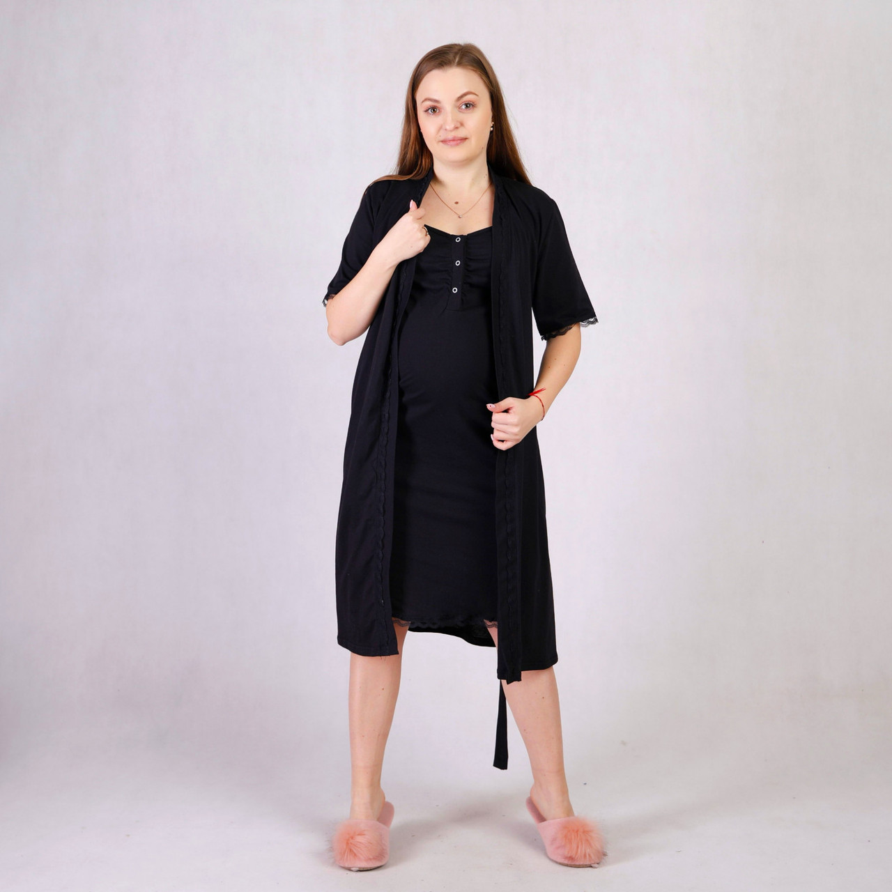 Жіночий комплект халат і сорочка, для вагітних і мам-годувальниць чорний р.46-54