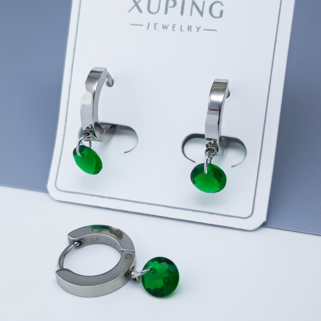 Сережки підвіски, "Класика" із зеленим каменем, stainless steel Xuping, родій