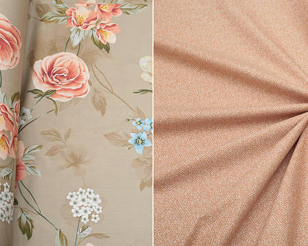 Щільні тканини компаньйони 220см для постільної білизни Сатин 100% бавовна (A+B) — (60 м+60 м) квітковий принт на бежевому тлі, фото 2