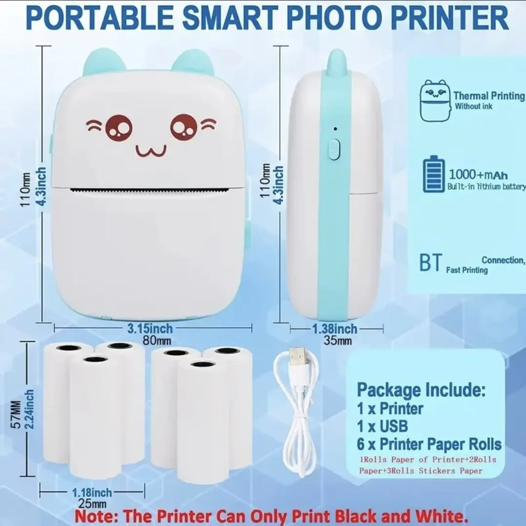Портативний міні-принтер 6 рулонів Mini Printer термопринтер кишеньковий дитячий принтер термопринтер СИНІЙ