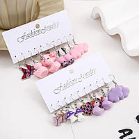 Сережки для девочки, набор сережок, сережки детские розовые, фиолетовые, 10 штук