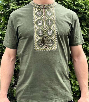 Футболка чоловіча "Тризуб" Стретч-кулір Хакі (вишивка - Зелений)