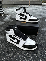 Мужские кроссовки Nike Air Jordan 1 Retro High White Black Найк Джорданы 1 кожаные черно-белые высокие