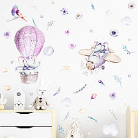 3D інтер'єрні вінілові наклейки на стіни Милі Слоніки Пташка Квіти Фіолетові 90 на 30 см Декор Шпалери