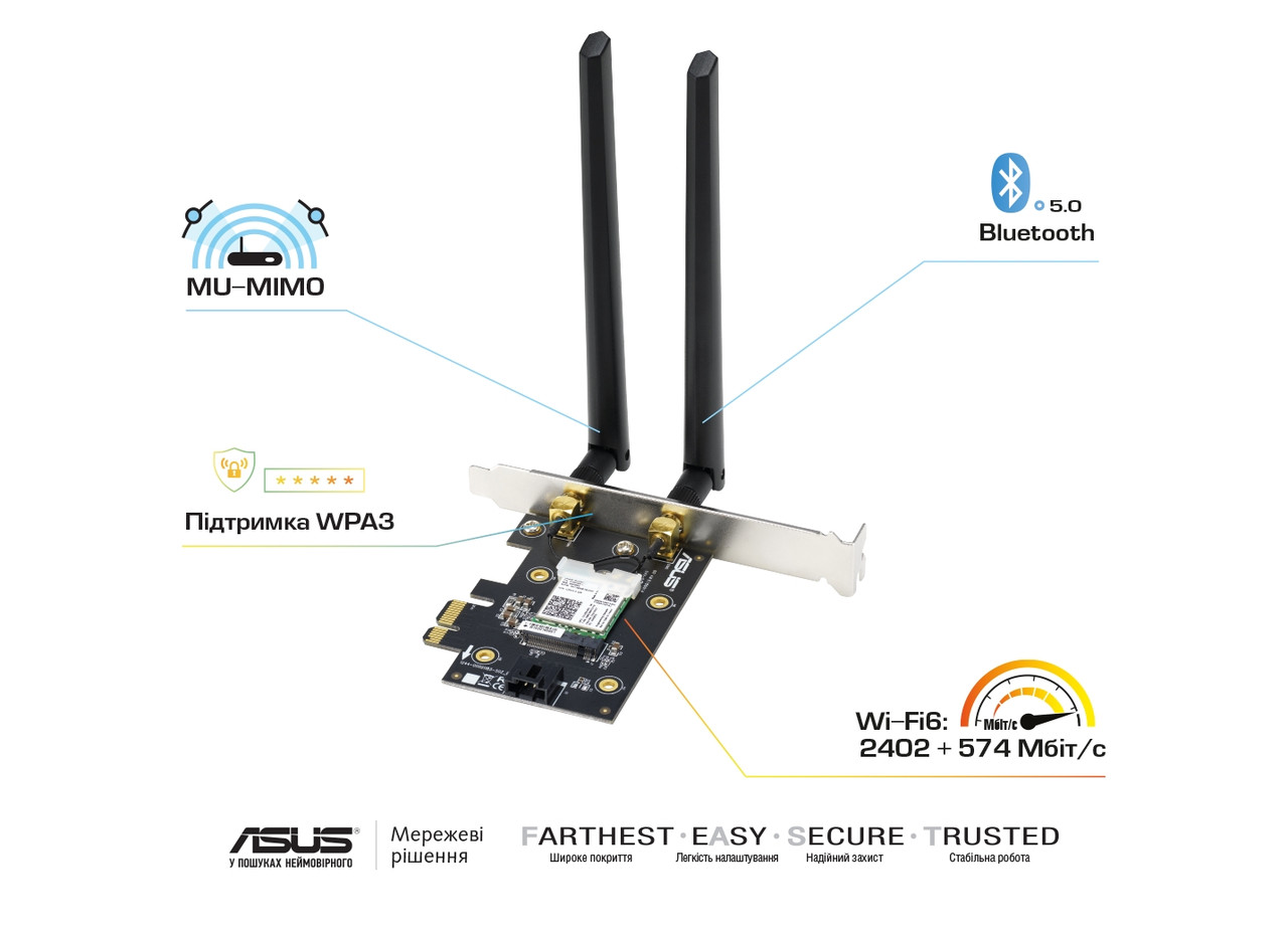 ASUS WiFi-адаптер ASUS PCE-AX3000, WiFi6, WPA3, Bluetooth 5.0, MU-MIMO, OFDMA