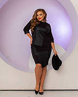 Жіночий чорний костюм із кофти та спідниці зі вставками із еко-шкіри великі розміри