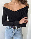 Жіночий чорний боді з драпіруванням і відкритими плечима, фото 7