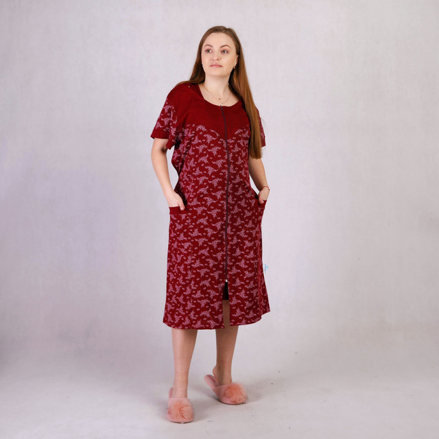 Женский комплект домашний батальный халат и сорочка бордовый р.54-62