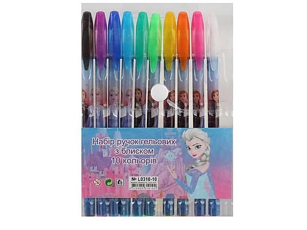 Н-р ручок гель 10 цв. з блискітками L0310-10 Холодне серце (у ПВХ на кнопці)