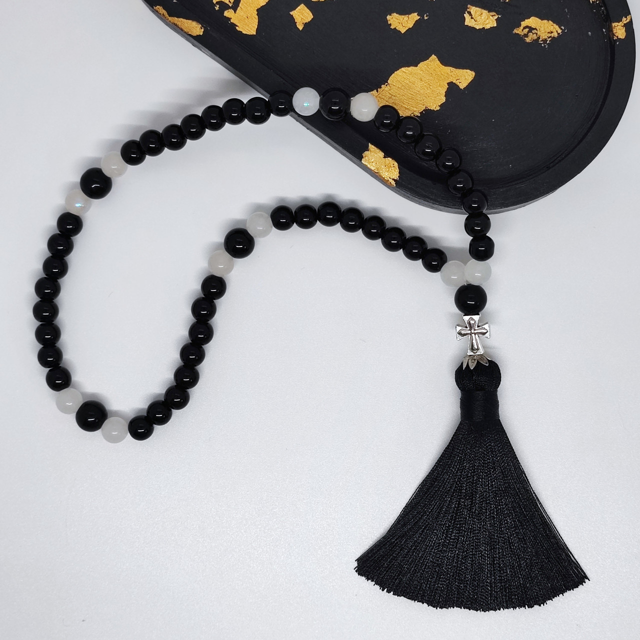 Чітки ручної роботи з каменю агат, онікс чорний, місячний камінь на 50 бусин, фото 1