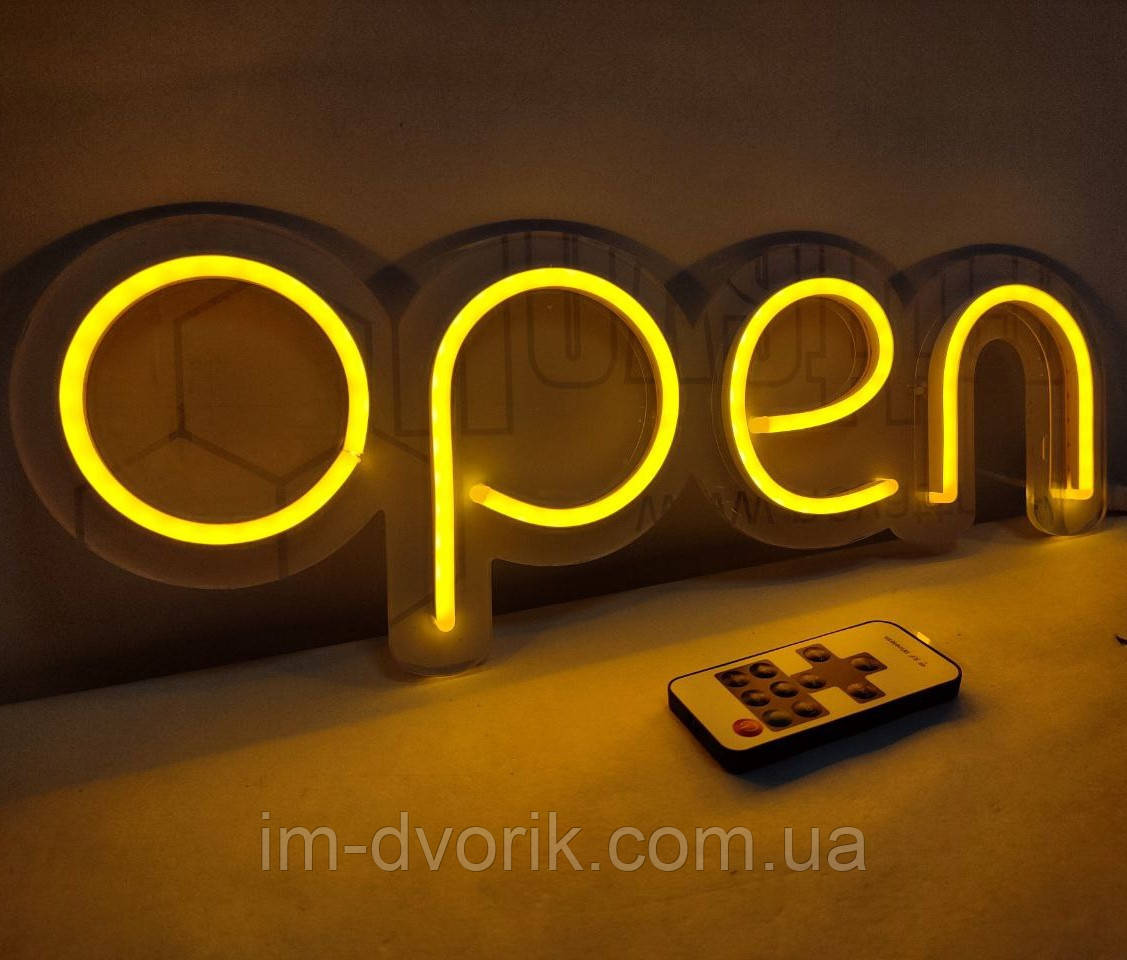 Неонова Led вивіска OPEN (відчинено) Жовта 40х13 см з контролером
