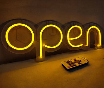 Неонова Led вивіска OPEN (відчинено) Жовта 40х13 см з контролером
