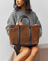 Стильная женская сумка шоколадного цвета комбинация искусственный мех и эко-кожа