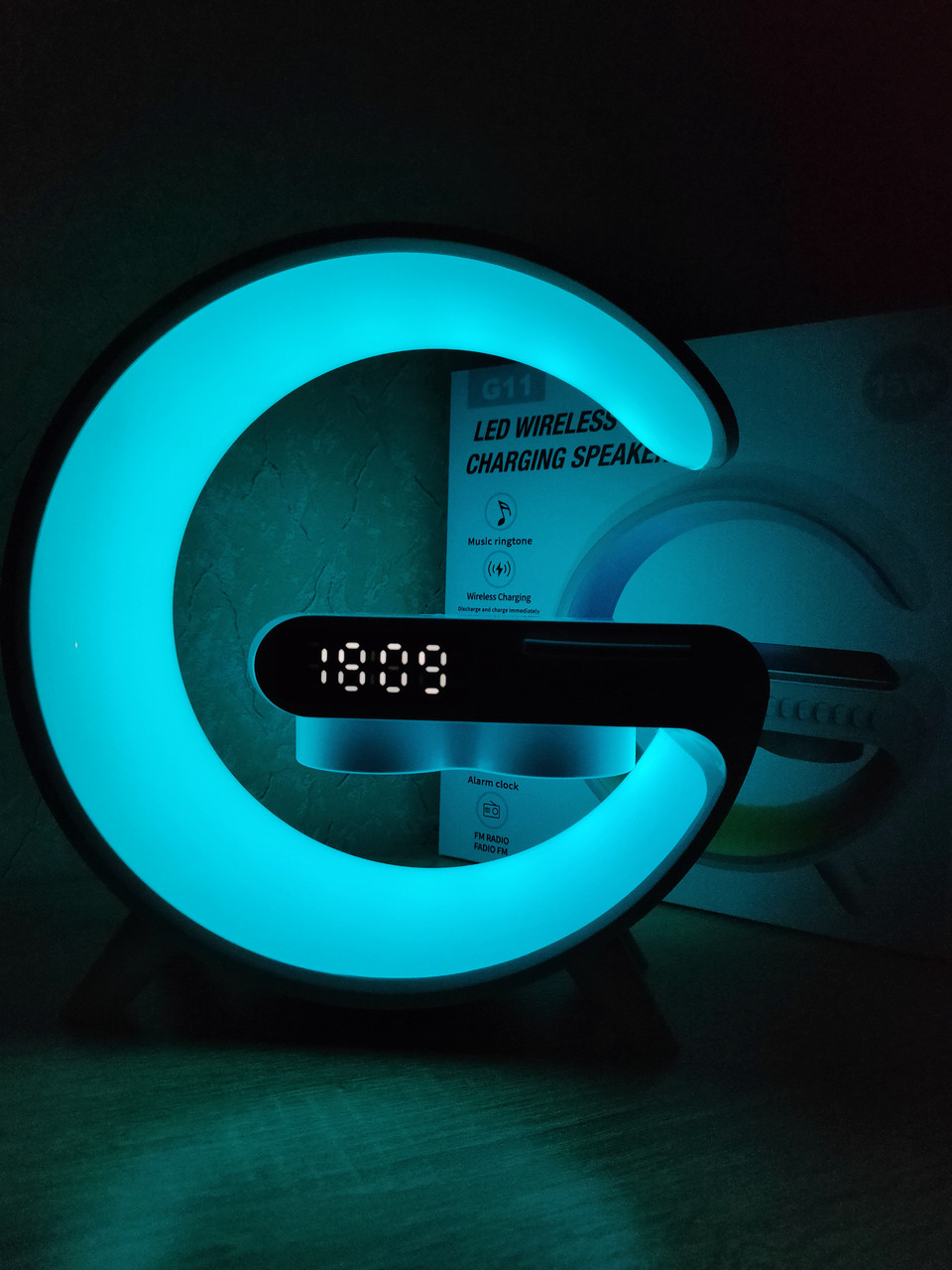 Настільна Bluetooth-колонка, лампа нічник G11 LED велика, з бездротовою зарядкою 15W і будильником. Біла