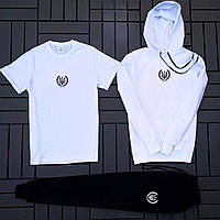Мужской комплект Худи белый + черные штаны + белая футболка лого Герб-Колос