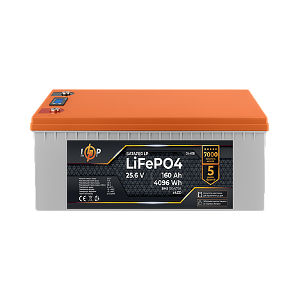 Акумулятор LP LiFePO4 25,6V - 160 Ah (4096Wh) (BMS 150A/75А) пластик LCD для ДБЖ, фото 1