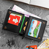 Мужское портмоне кошелек с монетницей из натуральной кожи PLASTIK черное с фиксацией на кнопках
