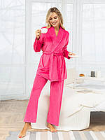 Розовая велюровая пижама с поясом, размер S